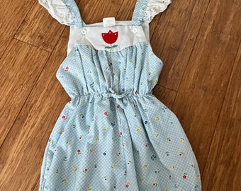 May include: A blue and white gingham baby overall with a red flower applique. The overall has white lace trim on the sleeves and a ruffled hem.