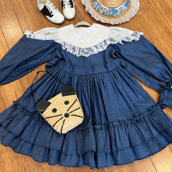 Vintage Blue Dot Martha’s Miniature’s girls lace frilly dress with bell 6X