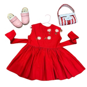 Vintage red dress with floral embroidery 2T 3T
