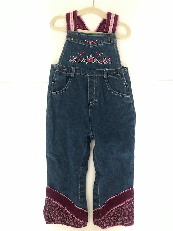 Vintage Toddler Denim Jean Overalls Floral Embroidered 24 Months