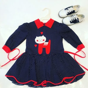 Vintage Toddler Cat Polkadot Dress Tagged 2T image 1