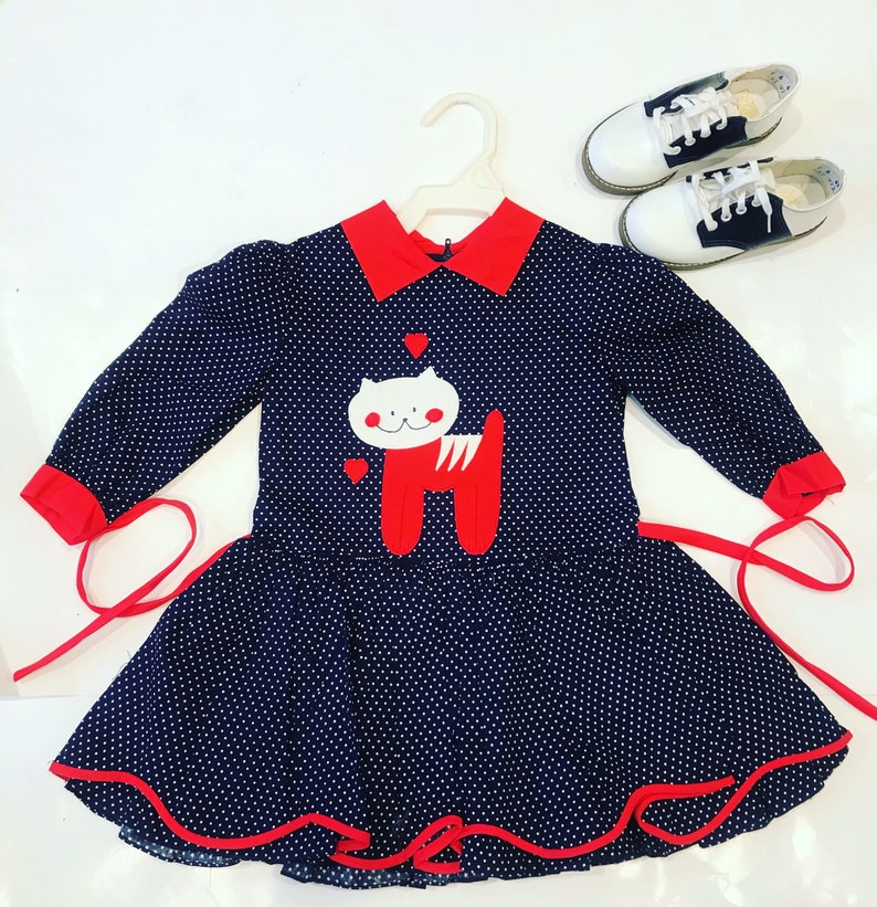 Vintage Toddler Cat Polkadot Dress Tagged 2T image 1