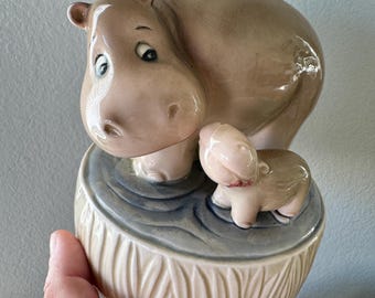 Vintage Quon Quon Japanese ceramic music box featuring a mother and baby hippopotamus