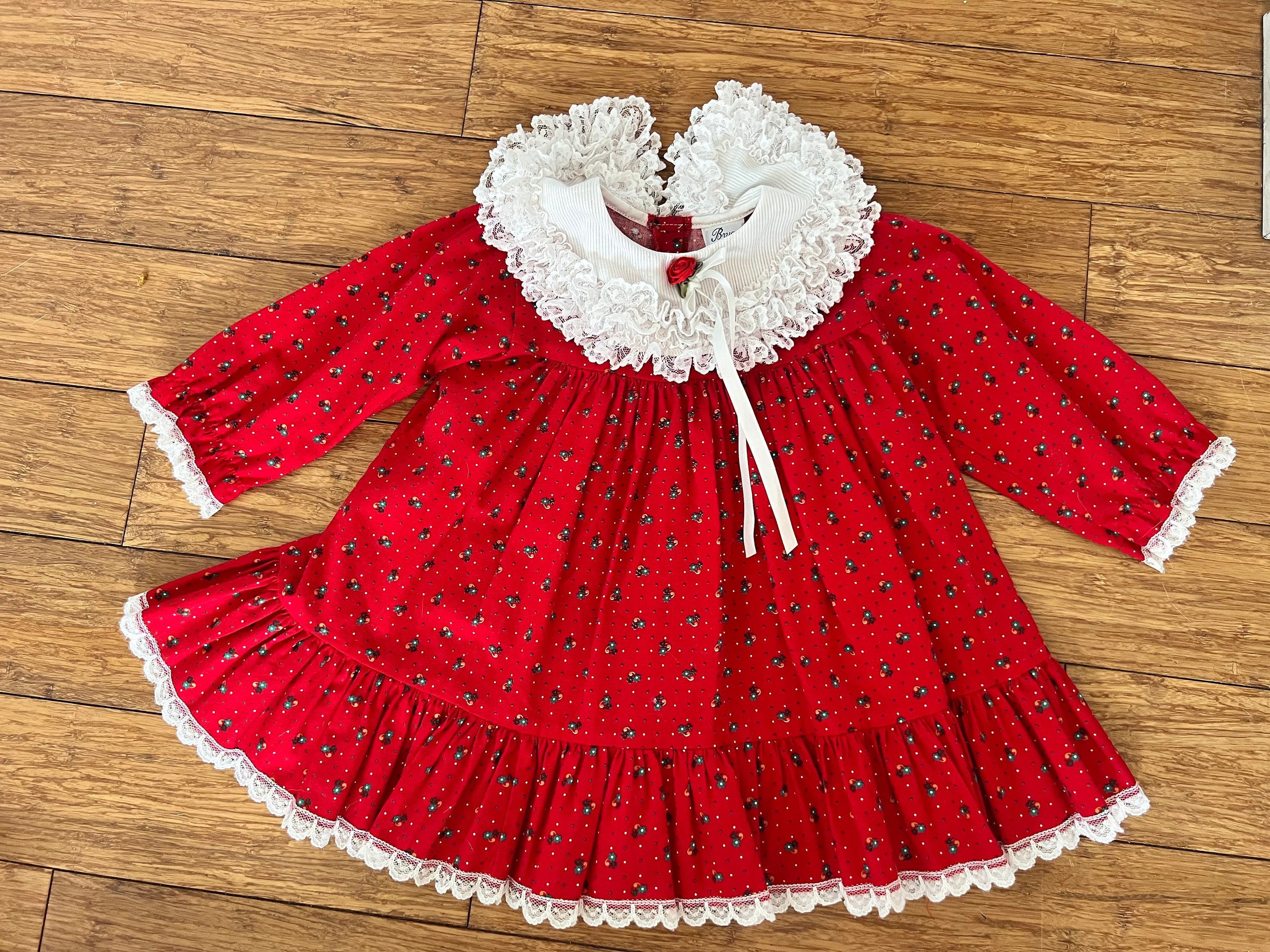 Vintage Bryan holiday dress lace ruffle red floral 24 months
