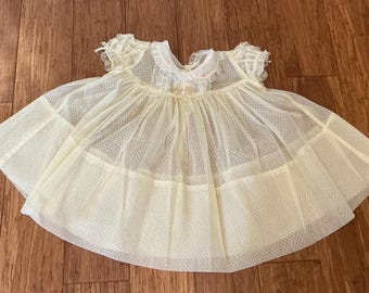 Vintage baby girl yellow sheer Swiss dot floral embroidered collar dress by Castro co tagged 18 months run small