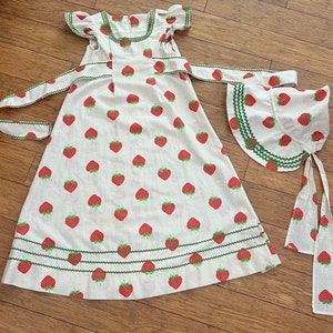 Vintage handmade strawberry girls dress bonnet set