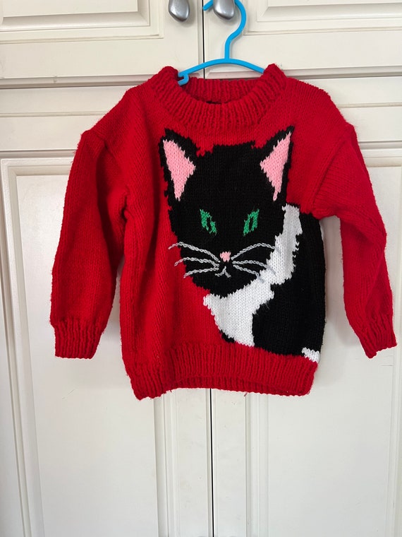 Vintage handmade black cat knit toddler sweater tw