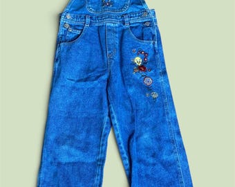 Vintage Barney Purple Dinosaur Denim Embroidered Overalls 1992