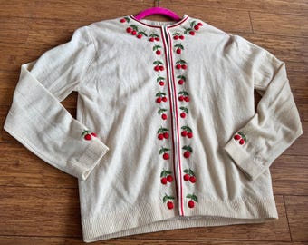 Vintage 50s cream cherry embroidered cardigan tagged 38