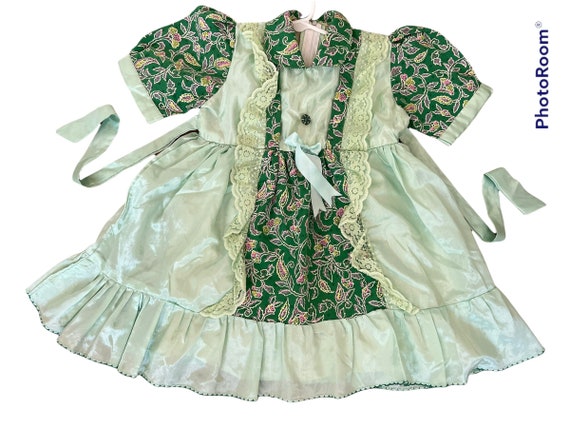 Vintage Toddler Green flocked floral dot lace silky dress 4T Vintage Toddler Green flocked floral dot lace silky dress 4T