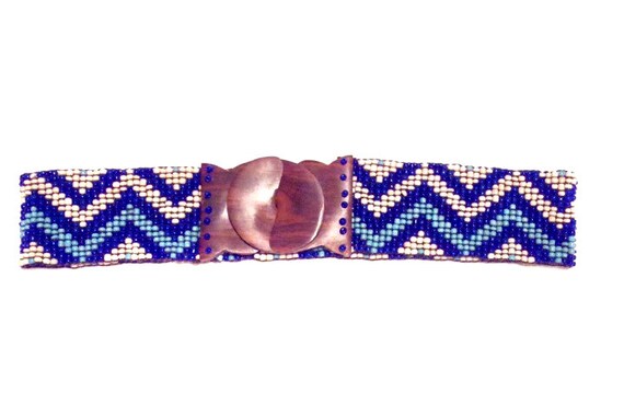 Vintage Beaded Belt, Chevron Beaded Belt With Wood Closure  display picture 1
