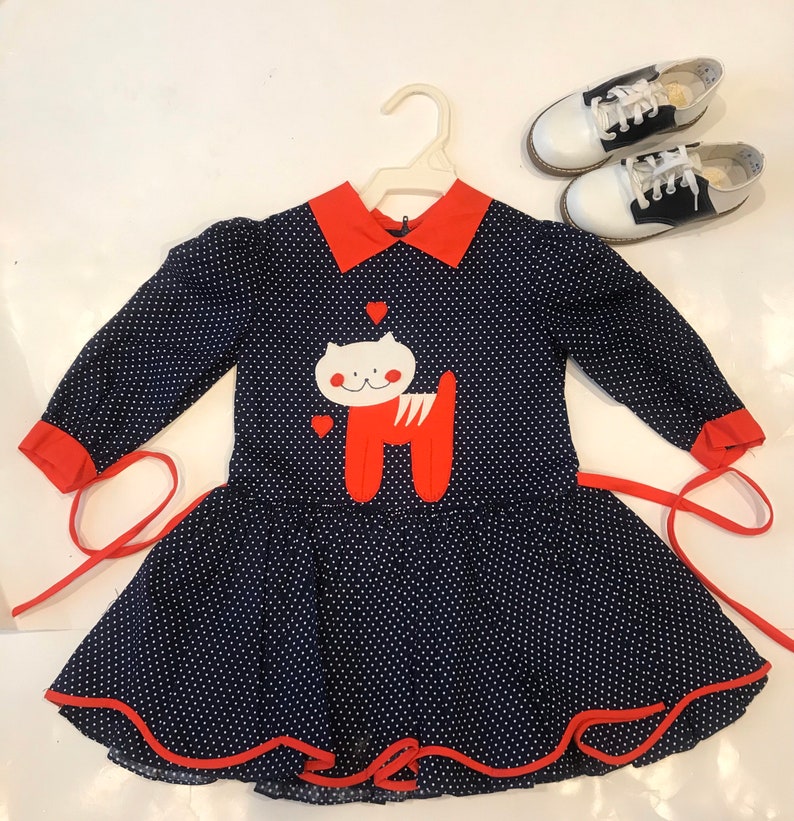 Vintage Toddler Cat Polkadot Dress Tagged 2T image 6