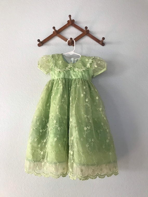 Vintage Green Sheer Floral lace Toddler Dress - image 1