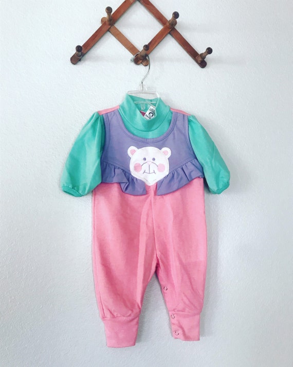 Vintage Pastel baby girl playsuit bear romper 6-1… - image 1