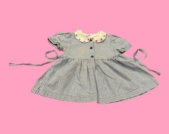 Vestido vintage Oshkosh bgosh con estampado floral de cuadros azules (24 meses)