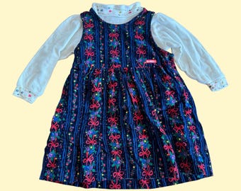 Vintage floral velveteen bow Oshkosh bgosh pinafore tagged 4T