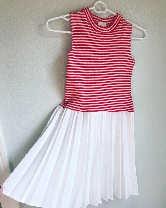 Vintage Girls Red white striped pleated dress size