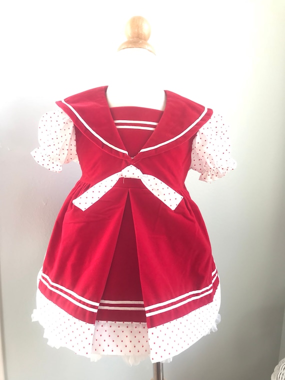 Vintage toddler red sailor dress swiss dot, 2T 18-