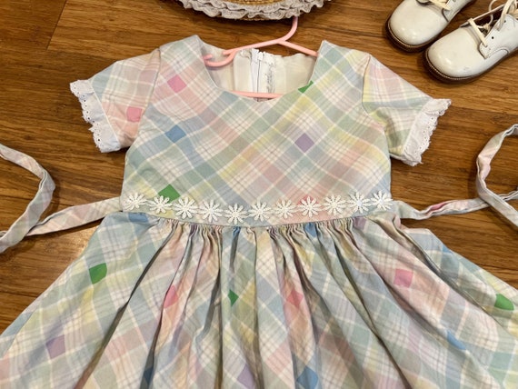 Vintage handmade Pastel diamond gingham dress 4T - image 2