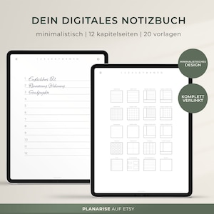 Può includere: Un modello di quaderno digitale con un design minimalista. Il modello include 12 pagine di capitoli e 20 layout diversi. L'immagine mostra un'anteprima del modello sullo schermo di un tablet.