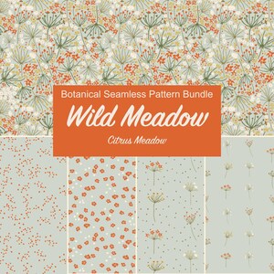 Botanical Seamless Pattern PNG Bundle, Summer Floral Repeat Tile, Sage Green Digital Scrapbook Paper, Hand Drawn Flower Fabric Design