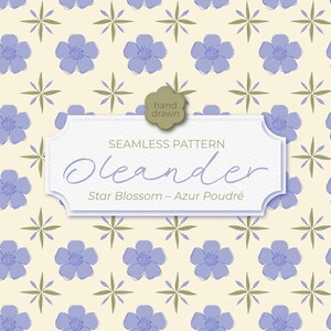 Könnte beinhalten: Ein nahtloses Muster mit hellvioletten fünfblättrigen Blüten und olivgrünen sternförmigen Blumen auf cremefarbenem Grund. Ein weißes Etikett in der Mitte zeigt den Text: hand drawn, SEAMLESS PATTERN, Oleander, Star Blossom – Azur Poudré.