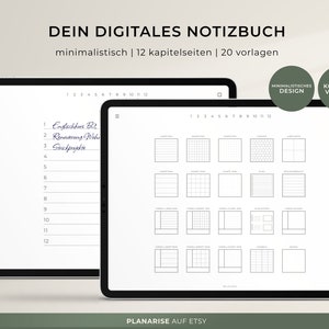 Può includere: Due schermate di iPad che mostrano un modello di quaderno digitale. Lo schermo a sinistra mostra un elenco di 12 titoli di capitoli, mentre lo schermo a destra mostra 20 layout di pagina diversi. Il testo nella parte superiore dello schermo dice "DEIN DIGITALES NOTIZBUCH" e "minimalistisch | 12 kapitelseiten | 20 vorlagen".
