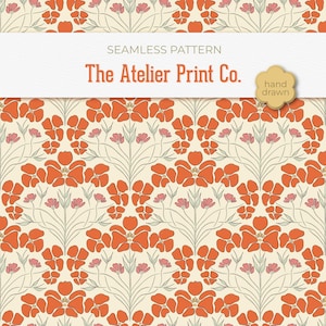 Art Nouveau Poppy Seamless Pattern | Coral Orange Botanical Digital Paper | Sage Green Wildflower Fabric Design | Cottagecore Pattern