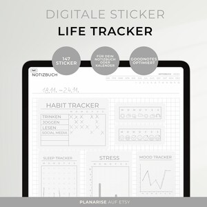 Può includere: Un foglio di adesivi digitali per Goodnotes, con un tracker di vita che include sezioni per il monitoraggio delle abitudini, il monitoraggio del sonno, il monitoraggio dello stress e il monitoraggio dell'umore. Il foglio di adesivi include 147 adesivi ed è ottimizzato per l'uso con l'app Goodnotes.