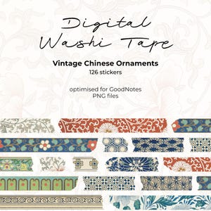 Könnte beinhalten: Digitales Washi-Tape mit Vintage-chinesischen Ornamenten. Das Tape ist in verschiedenen Farben und Mustern erhältlich, darunter Rot, Blau, Grün und Weiß. Es gibt 126 Sticker, die für GoodNotes PNG-Dateien optimiert sind.