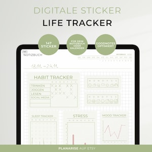 May include: A digital sticker sheet for a life tracker with a habit tracker, sleep tracker, stress tracker, and mood tracker. The sticker sheet is designed for use with Goodnotes and includes 147 stickers.