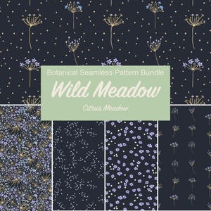 Könnte beinhalten: Ein digitales Set aus nahtlosen botanischen Mustern mit dunkelblauem Hintergrund, hellblauen und beigen Wildblumenillustrationen, kleinen weißen Punkten und Blumenclustern. Text: Botanical Seamless Pattern Bundle Wild Meadow Citrus Meadow.