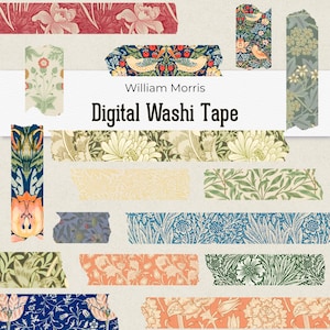 Könnte beinhalten: Eine Sammlung digitaler Washi-Tape-Streifen mit verschiedenen Blumen- und Vogelmustern von William Morris in den Farben Rot, Blau, Grün, Orange und Creme. Der Text William Morris Digital Washi Tape ist in der Mitte des Bildes zentriert.