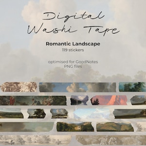 Könnte beinhalten: Digitales Washi-Tape mit romantischem Landschaftsthema. Das Bild zeigt 119 Sticker, optimiert für GoodNotes in PNG-Dateien. Die Washi-Tape-Designs umfassen Landschaftsgemälde mit verschiedenen Farbpaletten.