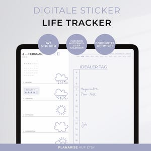 Peut inclure: Un planificateur numérique sur un écran de tablette avec le texte "DIGITALE STICKER LIFE TRACKER". Le planificateur comprend un calendrier, des icônes météo et une section intitulée "IDEALER TAG". L'image comprend également le texte "147 STICKER".