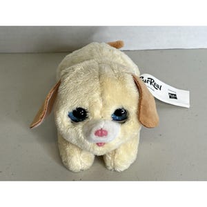 Op de afbeelding: Een pluchen puppy speelgoed in crème-kleurige vacht met grote, blauwe ogen en een roze neus. De puppy heeft slappe oren en een kleine staart. Een wit label met de tekst "furReal" is bevestigd.