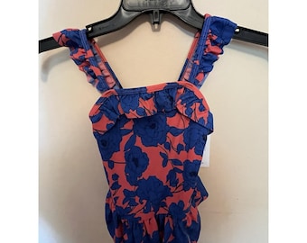 Costume da bagno intero con volant e stampa floreale rosa/blu di JANIE and JACK, taglia 5, nuovo con etichette.