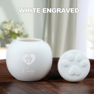 Peut inclure: Urne funéraire en céramique blanche avec une empreinte de patte à l'intérieur d'un cœur et le nom Daisy gravé sur le devant. L'urne a un couvercle séparé avec un motif d'empreinte de patte.