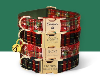 May include: Four red and black plaid dog collars with gold buckles and personalized name tags. The name tags have the names "Cooper", "Stella", "Roxy", and "Harley".