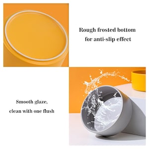 May include: Two ceramic pet bowls, one yellow and one gray. The yellow bowl has a smooth glaze and a rough frosted bottom for anti-slip. The gray bowl is filled with water, showing how easy it is to clean.