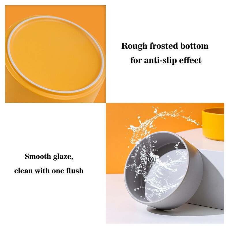 May include: Two ceramic pet bowls, one yellow and one gray. The yellow bowl has a smooth glaze and a rough frosted bottom for anti-slip. The gray bowl is filled with water, showing how easy it is to clean.