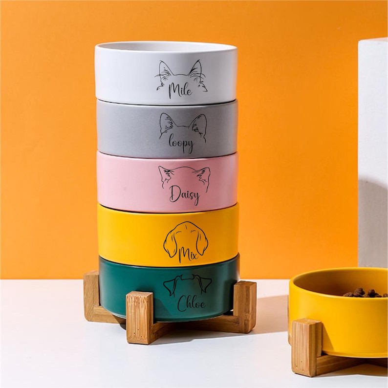 May include: A set of five ceramic pet bowls stacked on a wooden stand. The bowls are in different colors and have personalized names: Mile, Loopy, Daisy, Max, and Chloe. The bowls are designed for cats and dogs.