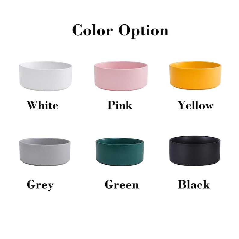 May include: Six ceramic bowls in different colors: white, pink, yellow, gray, green, and black. The bowls are arranged in two rows of three, with the text "Color Option" above the bowls.