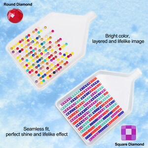 May include: Two white plastic trays with a pointed spout on one side. One tray is filled with round, colorful diamond-shaped beads. The other tray is filled with square, colorful diamond-shaped beads. The text "Round Diamond" is above the tray with round beads. The text "Square Diamond" is below the tray with square beads. The text "Bright color, layered and lifelike image" is above the tray with round beads. The text "Seamless fit, perfect shine and lifelike effect" is below the tray with square beads.