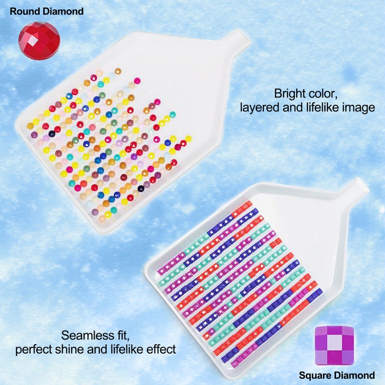 May include: Two white plastic trays with a pointed spout on one side. One tray is filled with round, colorful diamond-shaped beads. The other tray is filled with square, colorful diamond-shaped beads. The text "Round Diamond" is above the tray with round beads. The text "Square Diamond" is below the tray with square beads. The text "Bright color, layered and lifelike image" is above the tray with round beads. The text "Seamless fit, perfect shine and lifelike effect" is below the tray with square beads.