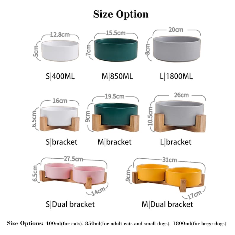 May include: A set of ceramic pet bowls with wooden stands in three sizes: small (400ml), medium (850ml), and large (1800ml). The bowls are available in white, green, and gray. The stands are available in a single or double bowl configuration.
