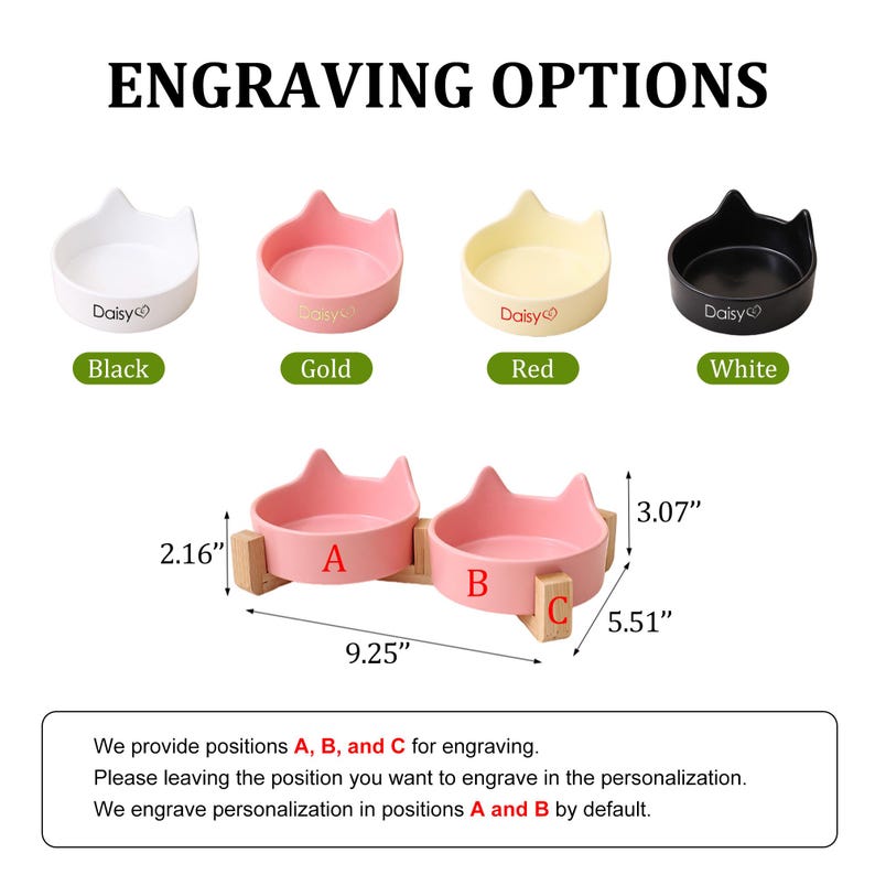 May include: A selection of cat-shaped pet bowls in black, gold, red, and white. The image shows the bowls with the text "Daisy" and the words "Engraving Options". The bowls are 9.25 inches long, 2.16 inches high, and 3.07 inches wide.