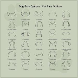 May include: A chart with black and white illustrations of different dog breeds, showing the shape of their ears. The chart is labeled "Dog Ears Options / Cat Ears Options".