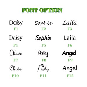 May include: A white background displays a grid of text samples showcasing different font options. The text includes names like "Daisy," "Sophie," and "Laila," each paired with a corresponding font style and a label like "F1" or "F2."