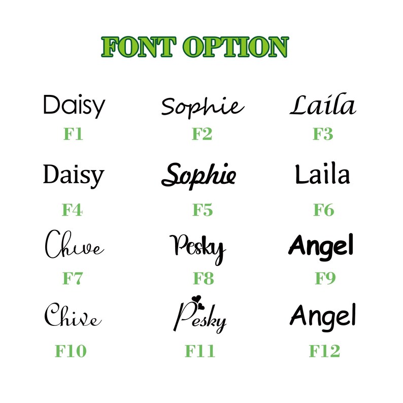 May include: A white background displays a grid of text samples showcasing different font options. The text includes names like "Daisy," "Sophie," and "Laila," each paired with a corresponding font style and a label like "F1" or "F2."